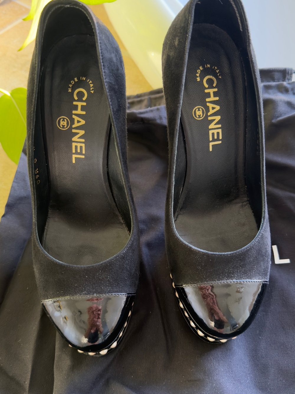 CHANEL Black Suede Pearl-Trim Platform Pumps - Picture 2 of 5